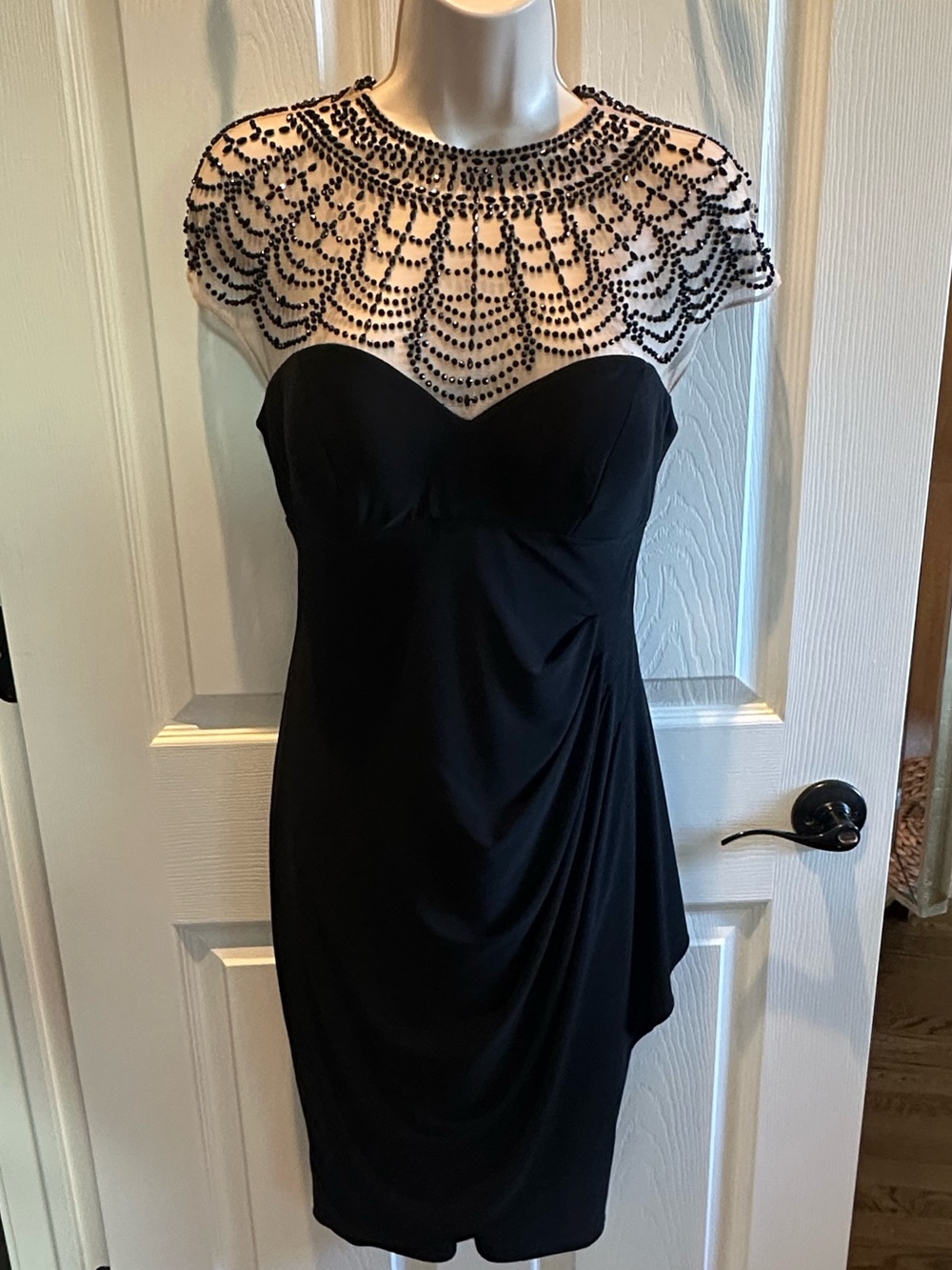 Xscape Black Midi Dress with Beaded Illusion Yoke